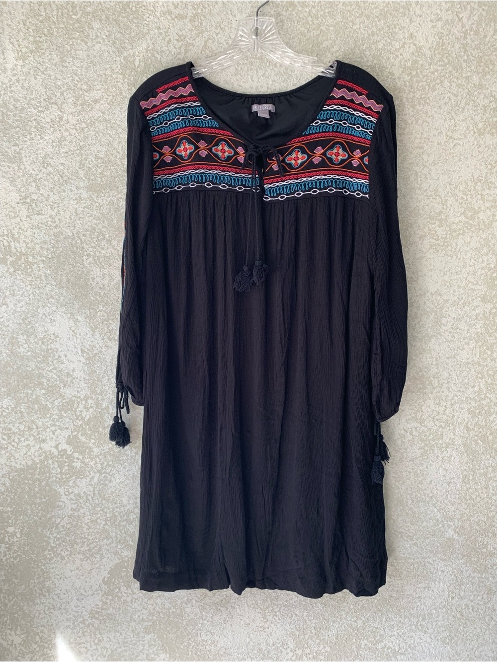 Falls Creek Black Long-Sleeve Boho Tunic Dress Multicolor Embroidered Yoke XL